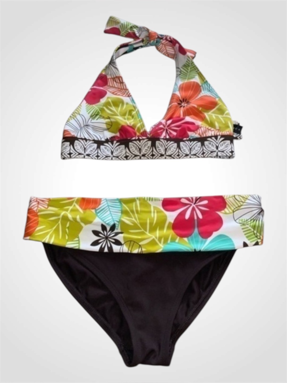 La Blanca Brown & Colorful Tropical Floral Triangle Halter Bikini Swimsuit 6/8